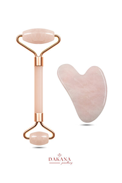 DAKANA JEWELLERY Sertifikalı Pembe Kuvars Yüz Masaj Taşı Roller ve Gua Sha Set
