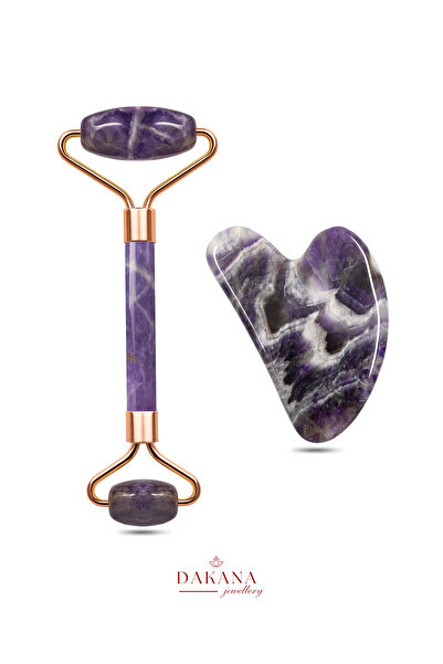 DAKANA JEWELLERY Sertifikalı Ametist Yüz Masaj Taşı Roller ve Gua Sha Set
