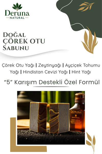 DERUNA NATURAL Doğal Çörek Otu Sabunu - Çörek Otu, Zeytinyağı, Hint & H.Ceviz...