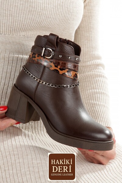 Modabuymus Bitter Brown Color Genuine Leather Thick Heeled Casual Women's Boots Uldef