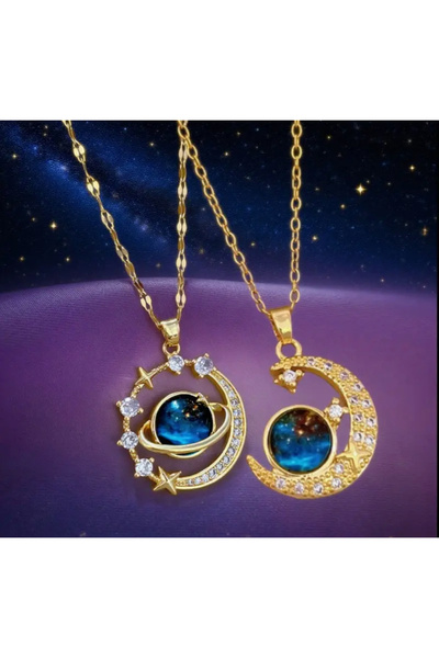 REKS 2 Adet Uyumlu Ay/Yıldız Kolye Kadın ve Erkekler İçin Paslanmaz Çelik Taş...