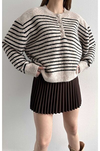 yeditepe fashion Pulover tricotat cu nasturi în dungi supradimensionat