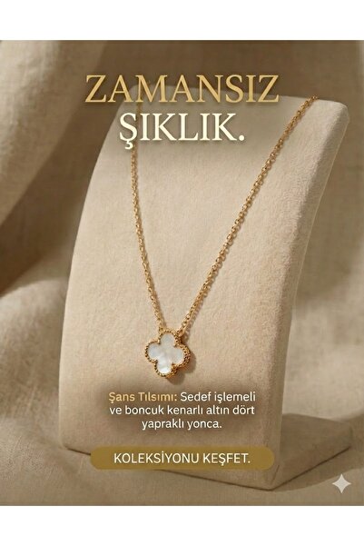 inworldout Kenarı Toplu Model Gold Zincirli Beyaz Mineli/Sedefli Yonca Kolye/