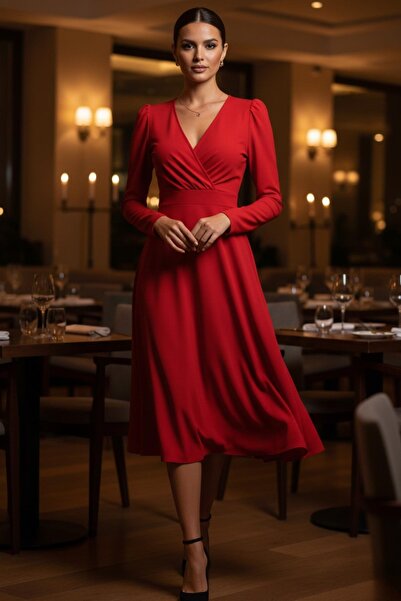 Mossta Brave and Feminine – Red Double-Breasted Midi Event Dress