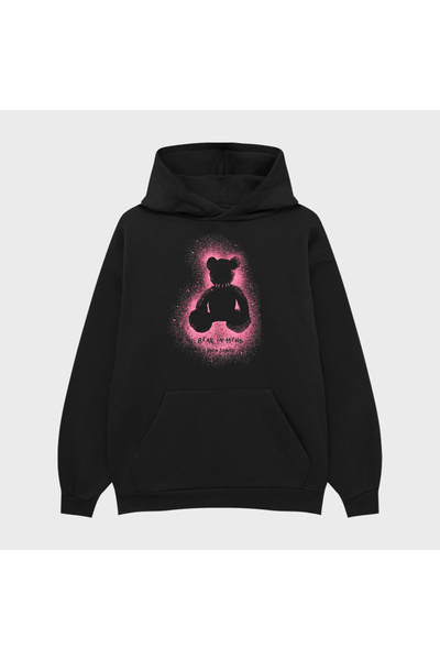 PURE EFFECT Hanorac unisex PALM PINK BEAR cu imprimeu 3 Thread Ş cu căptușeal...