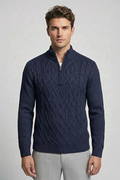 Sabri Özel Lacivert Regular Fit Yünlü Desenli Fermuarlı Yarım Balıkçı Yaka Tr...