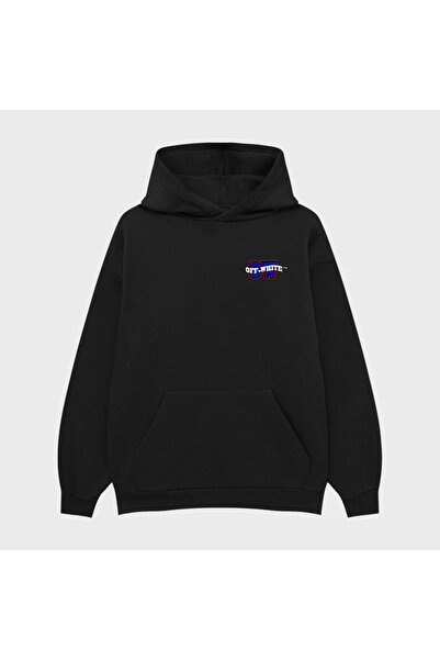 TRAGEDY سويت شيرت بقلنسوة للجنسين من OFF OW MAVI مطبوع 3 Thread Ş مبطن بالصوف