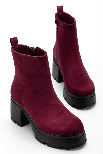 Dilimler Ayakkabı Heeled Boots Women's Platform Burgundy Suede Flat Zippered