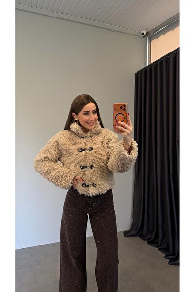 elif teke Kancalı Peluş Ceket Taş Rengi