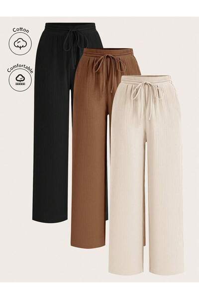 SPORTİVEA KADIN BÜRÜMCÜK PANTOLON 3'LÜ ADET GENİŞ PAÇA LASTİK BEL RAHAT ŞIK