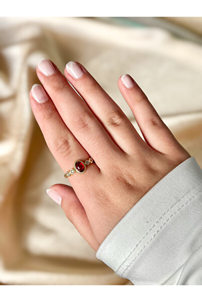 D&Z ACCESSORİES Minimalist Kırmızı Taşlı Ayarlanabilir Gold Yüzük | Retro Yüzük | Taşlı Yüzük (Yılbaşı Hediyesi)
