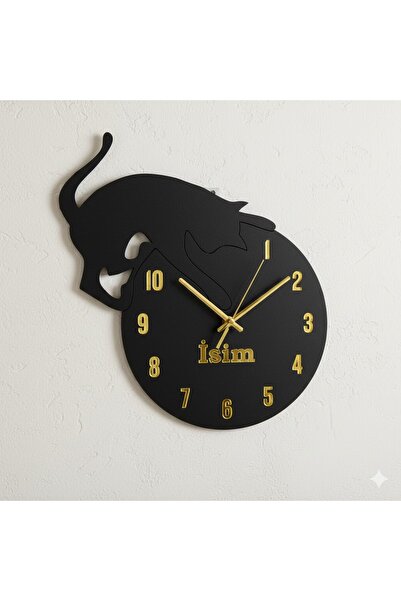 YekPare Kişiye Özel İsimli Tepedeki Kedi Duvar Saati 40cm x 38cm