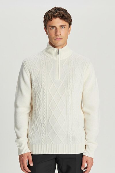Sabri Özel Ekru Regular Fit Yünlü Desenli Fermuarlı Yarım Balıkçı Yaka Triko ...
