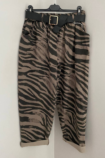 AYASOFYA OTANTIK Women's Italian Mink Elastic Waist Belted Zebra Patterned Side Pocket Oversized Casual Trousers