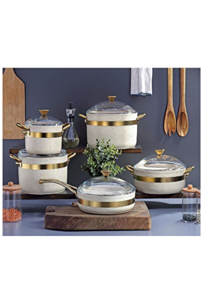 Bonera Nile Turkish Granite Cookware Set, 10 Pieces, Beige/Black Glass Lid