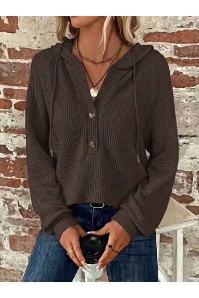 FRESCO SCARFS Women's Long Sleeve Hooded Front Buttoned and Lace-Up Waffle Blouse