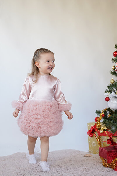 ALYRA Kız Bebek Elbise Uzun Kollu Tüllü Tütü Özel Gün Parti Doğum Günü Saten ...