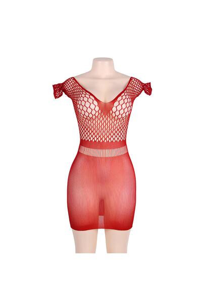 Lingerie and Fashion Style Red Crotchet Mesh Hollow-out Mini Chemise Dress