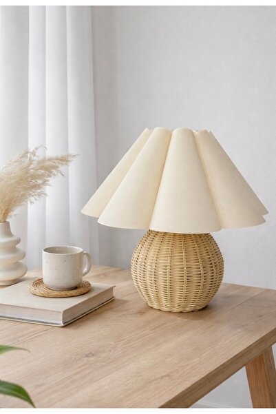 burenze Modern Abajur Fico Krem Kumaş Hasır Rattan Bambu Gövde Masa Lambası