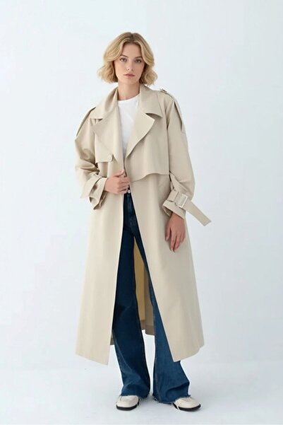 Gülşah collection معطف طويل بفتحة رياح مزدوجة - حجري