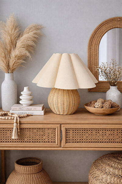 burenze Modern Abajur Fico Krem Kumaş Hasır Rattan Bambu Gövde Masa Lambası