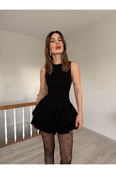 YK FASHION Süet Fırfırlı Mini Şortlu Elbise