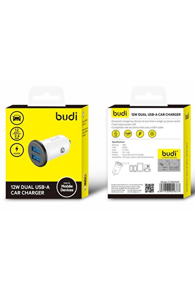 Budi شاحن سيارة مزدوج USB-A بقوة 12 واط