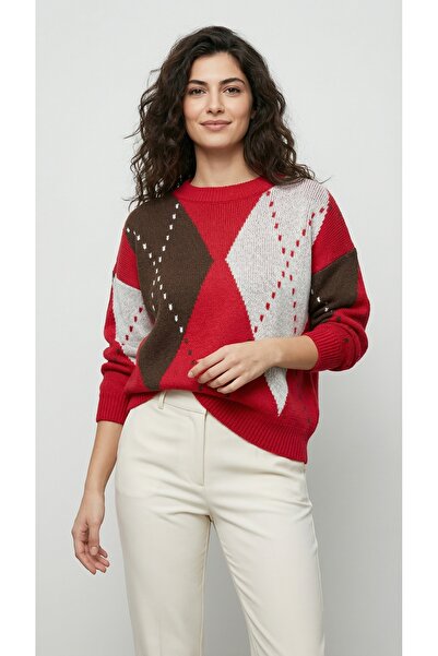kiwi giyim Kadın kırmızı Rengi Baklava Desenli Bisiklet Yaka Triko Kazak