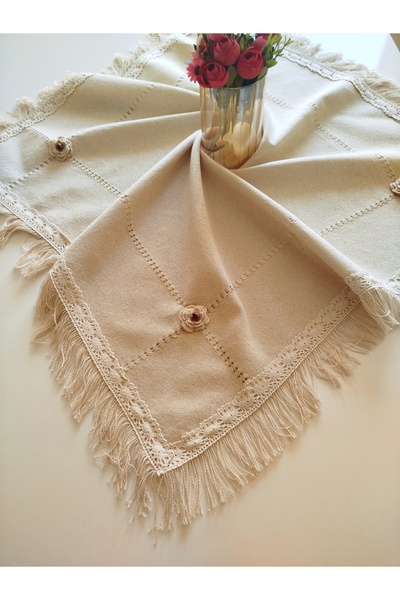 denizli hatırası Natural Handcrafted Rose Embroidered Antique Worked Authentic Vintage Guipure Organic Fringed Tablecloth