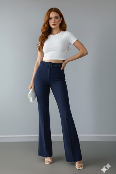 LEXİNWEAR Kadın İspanyol Paça Kemerli Pantolon Hafif Likralı İthal DoubleFace...