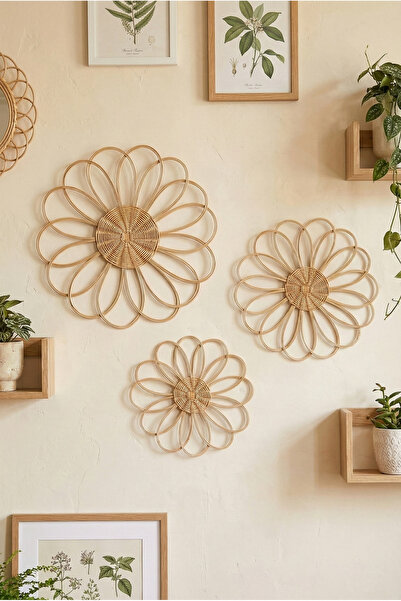 JUST BEST 3'lü Papatya Hasır Duvar Dekoru Seti - Doğal Rattan Bohem Duvar Süsü (35-30-25 cm)