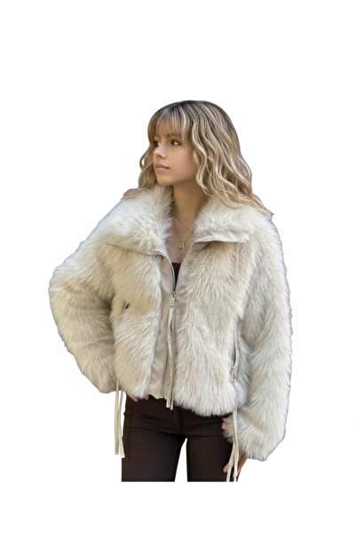 AFYON PASTEL Kadın Yumuşak Dokulu Fermuarlı Kısa Kürk Mont