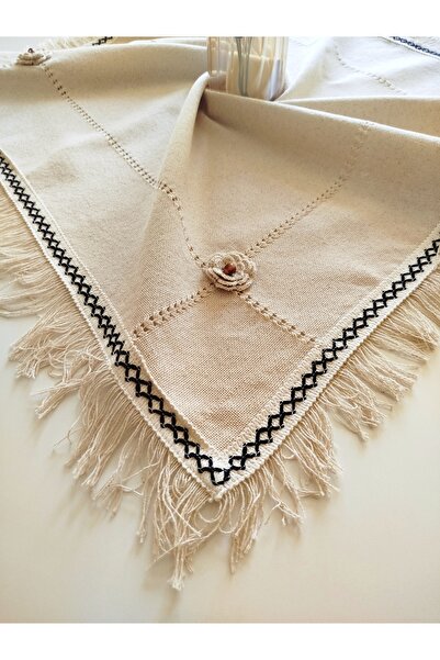 denizli hatırası Natural Handcrafted Rose Embroidered Antique Worked Authentic Vintage Guipure Organic Fringed Tablecloth