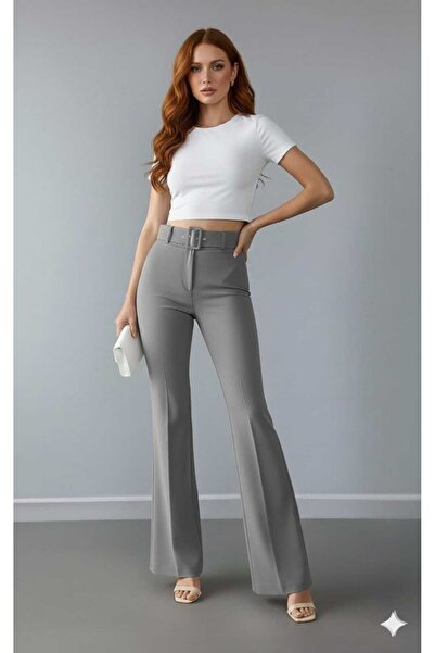 LEXİNWEAR Kadın İspanyol Paça Kemerli Pantolon Hafif Likralı İthal DoubleFace...