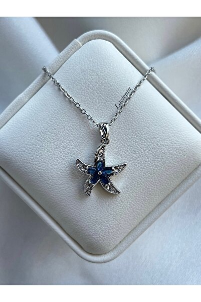 Lavienta قلادة فضية من الفولاذ على شكل نجم البحر مرصعة بحجر الزركون الأزرق