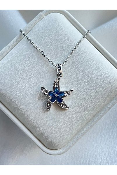 Lavienta Silver Blue Zircon Stone Starfish Model Steel Necklace