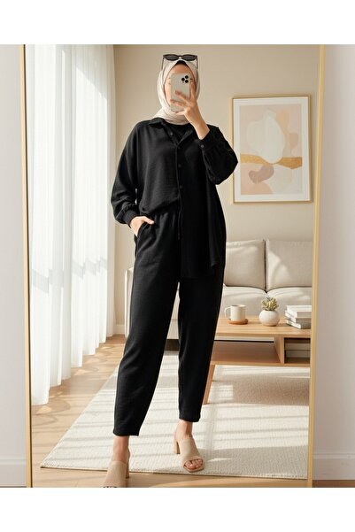 Modamorfo Women's Black Oversize Linen Bottom Top Set 6622