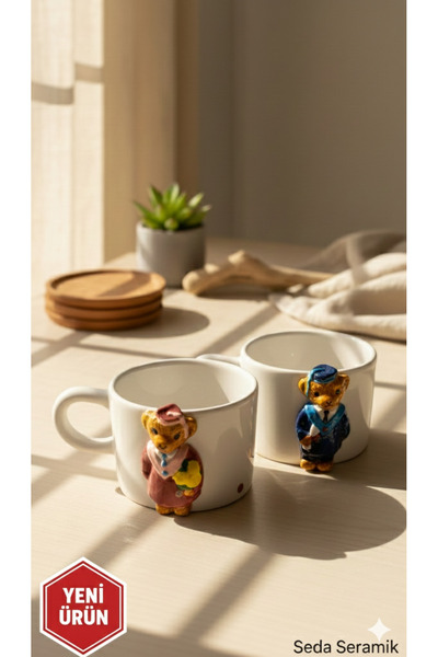 seda seramik El Yapımı Mezun Kadın - Erkek Teddy 2 li Tasarım Kahve Mug Kupa Bardak 200 ML