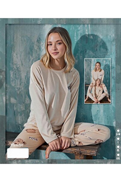 İpek طقم بيجامة نسائي بأكمام طويلة وياقة دائرية ونقشة دب من القطيفة