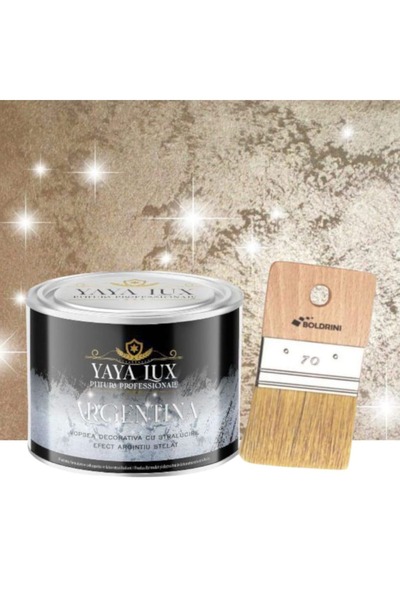 YaYa Color Vopsea decorativa de Lux, Argentina, cu Efect 3D Stelat, Maro Deschis, 0.5 Litri si Pensula 70 mm