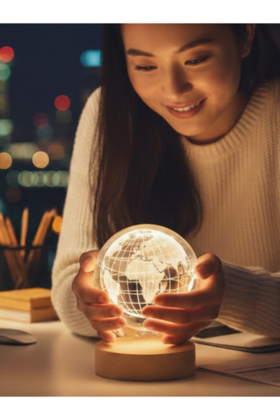 moryconcept Dünya Model Ahşap Altlıklı USB LED Kristal Cam Küre Gece Lambası ...