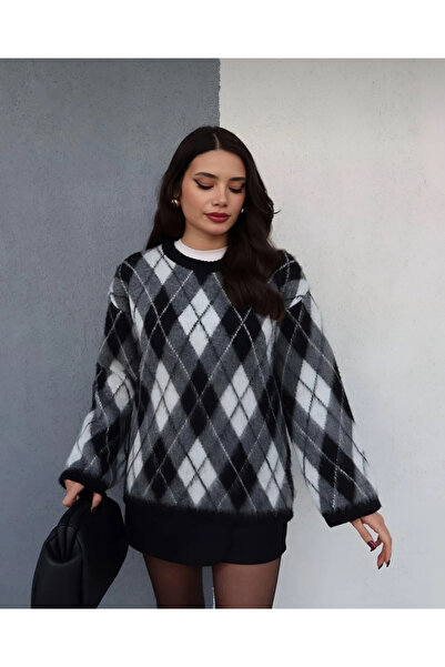 Moon Design سترة تريكو بياقة دائرية ونقشة البقلاوة قصة فضفاضة