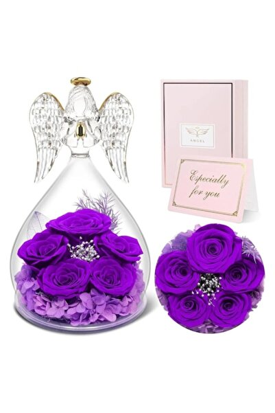 OEM Άγγελος με Αιώνιο Τριαντάφυλλο και 5 Αληθινά Διατηρημένα Τριαντάφυλλα σε Γυάλινο Θόλο, Βιολέτα, 21εκ.