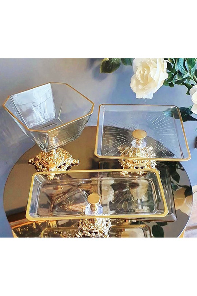 alfafe home 3 Piece Gold Cake Presentation Set Cookie Holder & Serving Plate