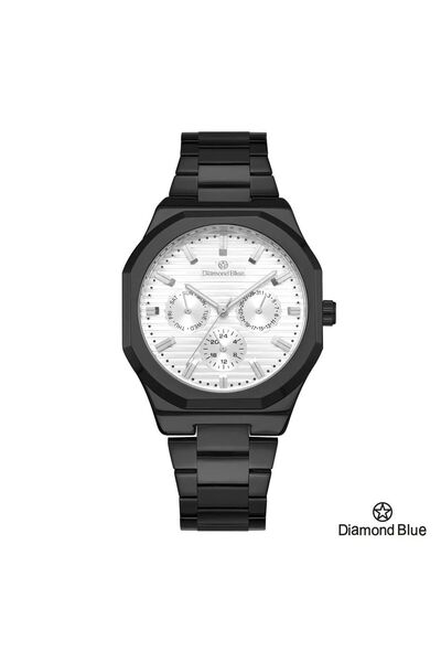 Diamond Blue ساعة دايموند بلو رجالية، سور أسود وصحن أبيض، تباين لوني جذاب وفريد.