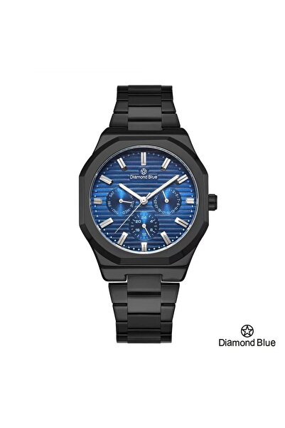 Diamond Blue ساعة دايموند بلو بسور أسود وصحن أزرق مخطط، أناقة رياضية بلمسات ك...