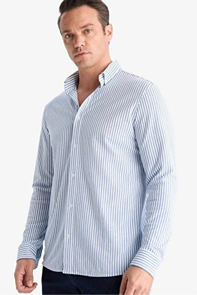 BLACK MODBLACK Regular Fit Polo Neck Striped Combed Cotton Long Sleeve Shirt