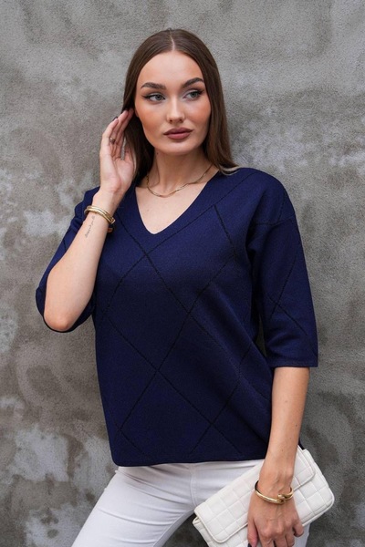 D LAVELLA بلوزة تريكو بأكمام ثلاثية الأرباع وياقة على شكل حرف V بنمط البقلاوة...