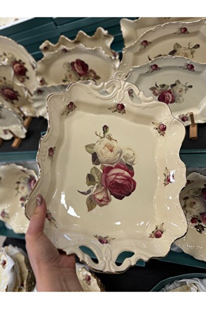 hediye Esterhomedecor Porcelain Rectangular Serving Plate with Handle 36cm Si...