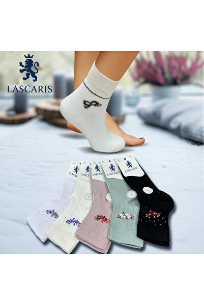 Lascaris Women's Stone Embroidered Bow Patterned Cotton Socks Set of 12